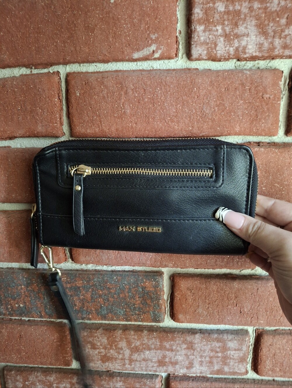 Max Studio Black Leather Zip-Around Wristlet with Gold Hardware